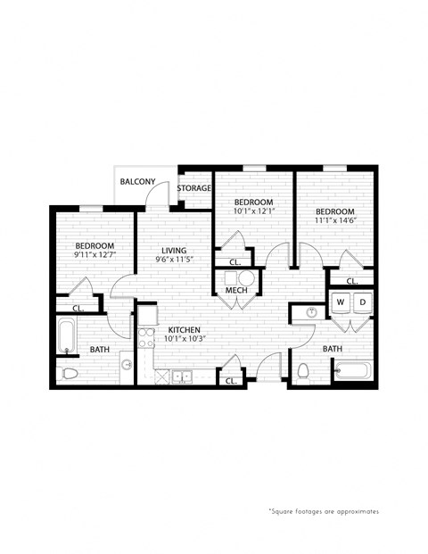Floor plan for 3 beds, 2 baths, 986 sqft